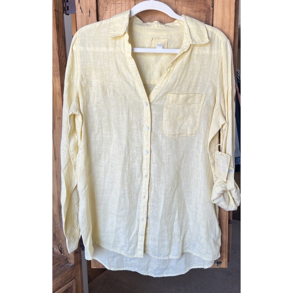 Sigurd Olsen Women's 100 Linen Button Down Shirt Tab Sleeve Medium Yellow NWOT
